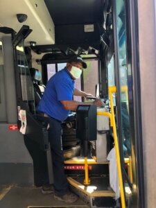 TCAT bus operator getting ready to go out on a route.